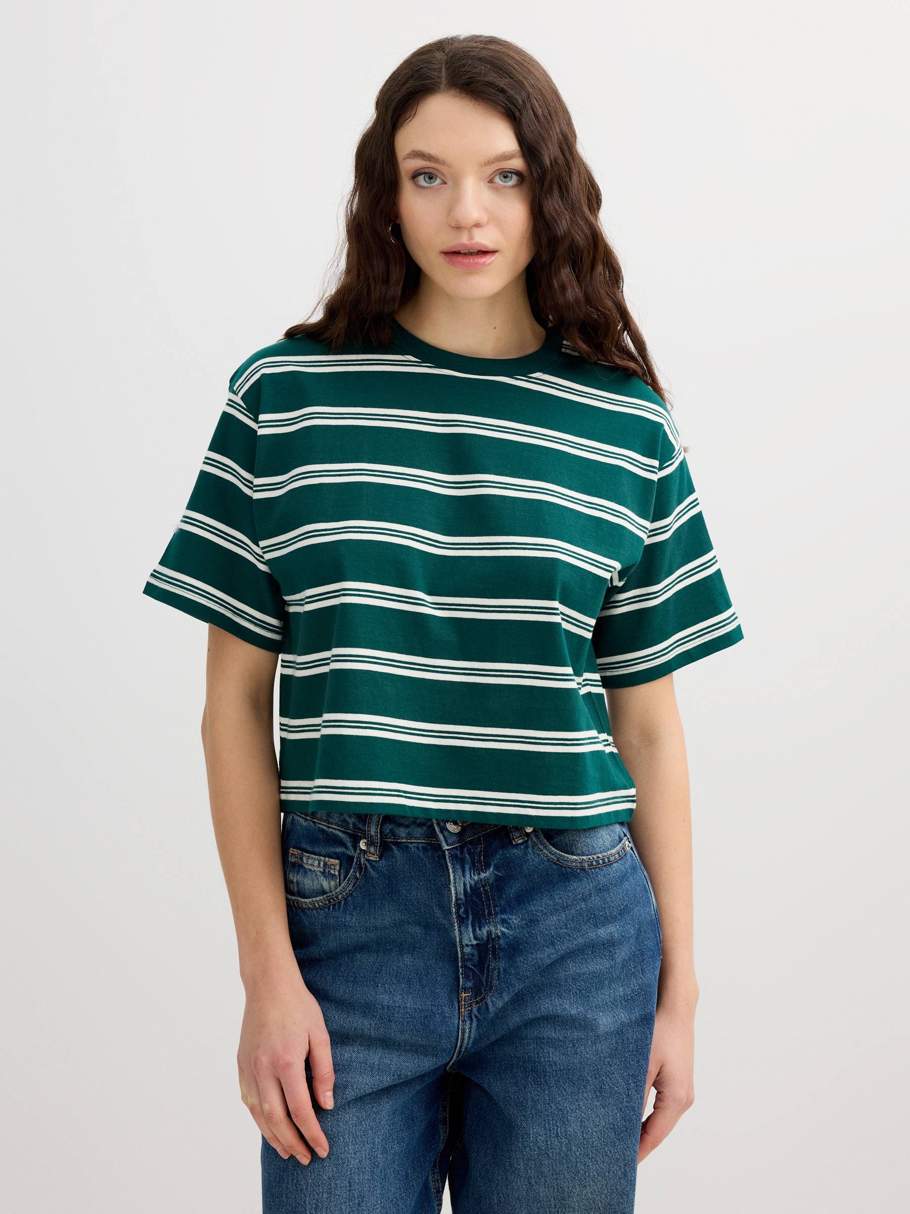 Camiseta crop de rayas, manga corta, algodón, cuello redondo, corte cuadrado INSIDE