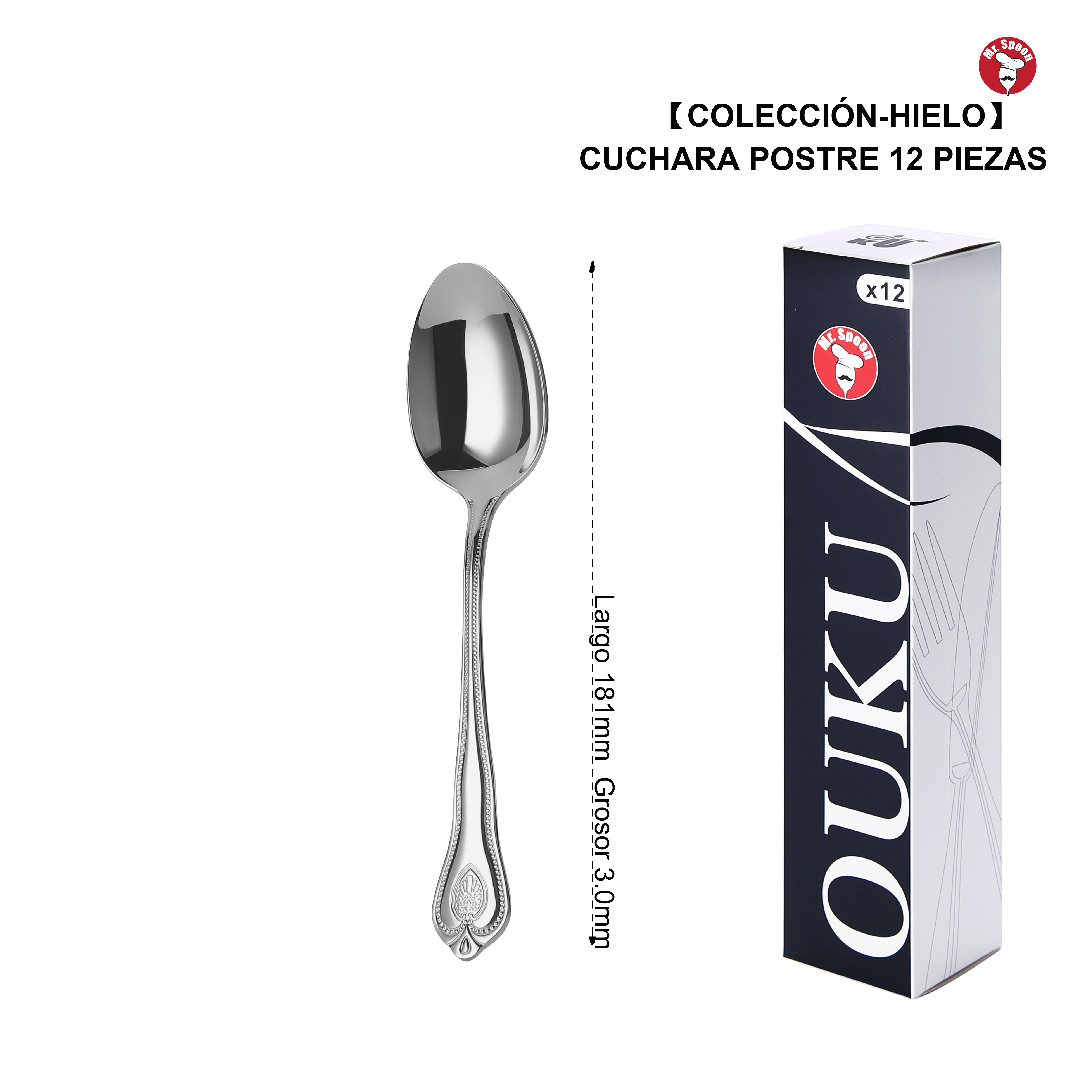 Mr.Spoon Serie Hielo Cucharas 12, 48 o 120 piezas,Acero inoxidable 18/10,Alta calidad y acabado,Cuchara sopera largo 206mm,cuchara postre181mm,cuchara té y café 155mm/112mm,Mango monobloque,Apto para lavavajillas,Caja ecológico,Para casa,hotel,restaurante