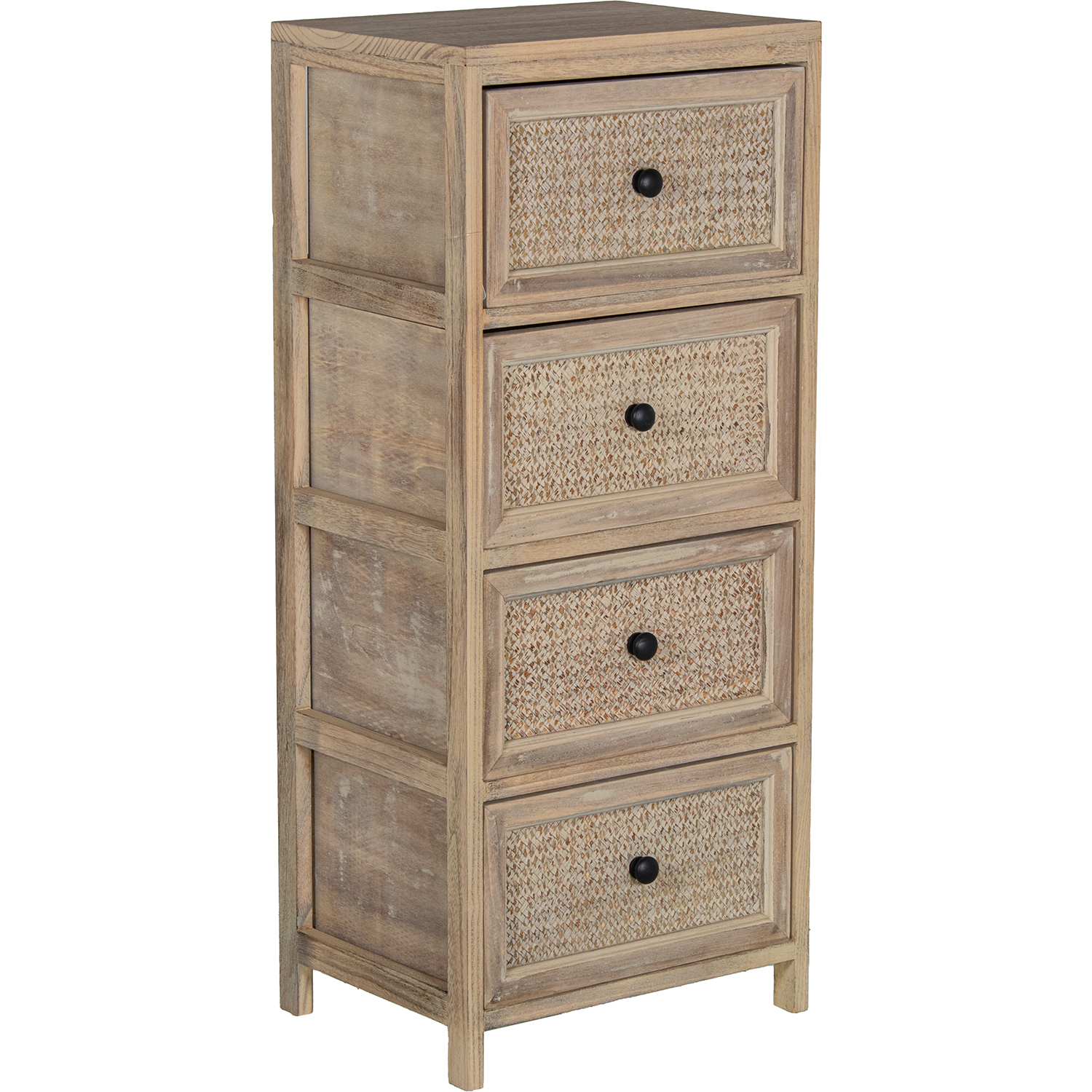 Cajonera madera con 4 cajones mimbre, madera paulownia 40x30x94cm cajones: 36x28x19cm