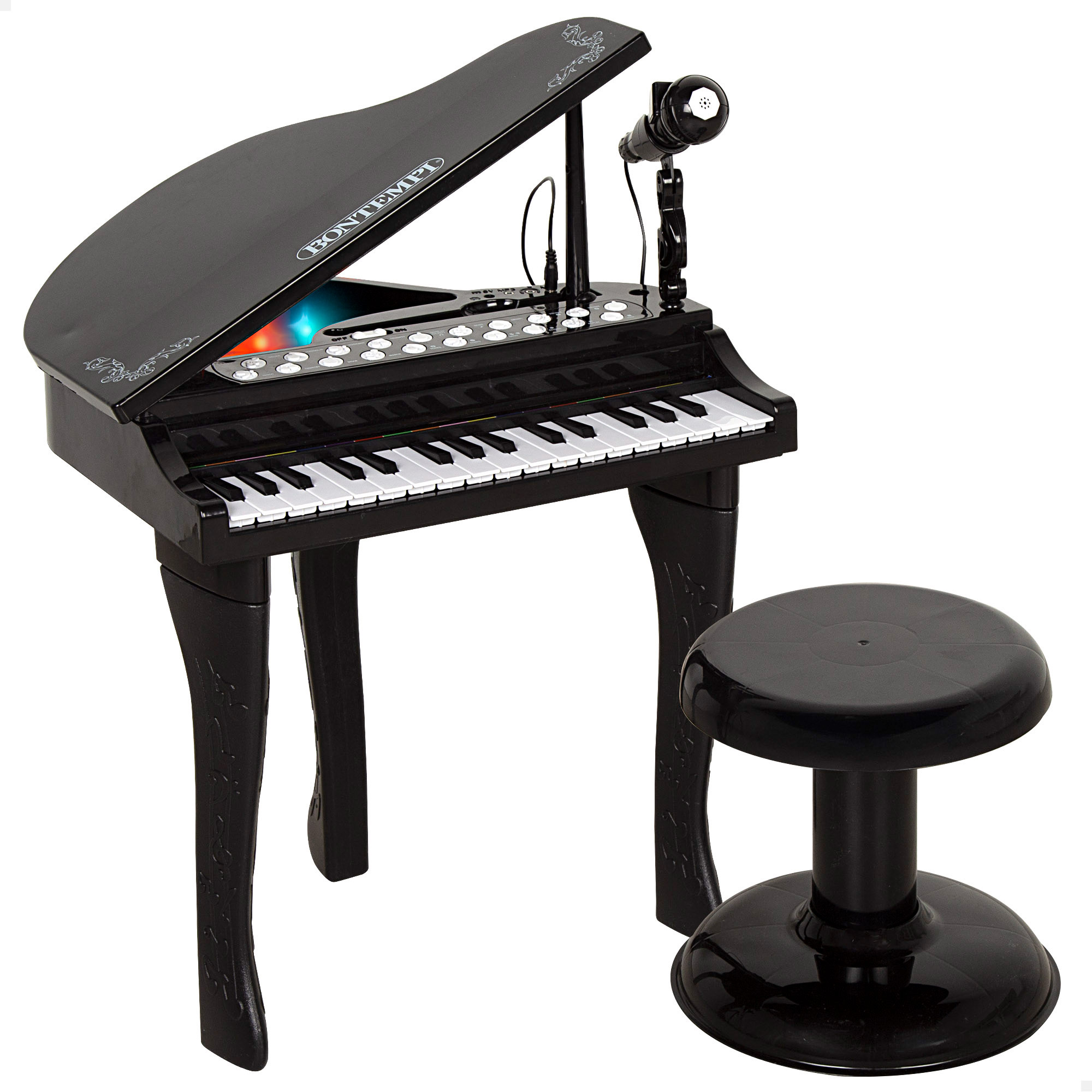 Bontempi - Piano infantil de cola con 32 teclas, micrófono con soporte ajustable, taburete, guía de colores, luces integradas, función de grabación y reproducción, entrada auxiliar, estructura estable de 40x46x62 cm, para niños a partir de 3 años