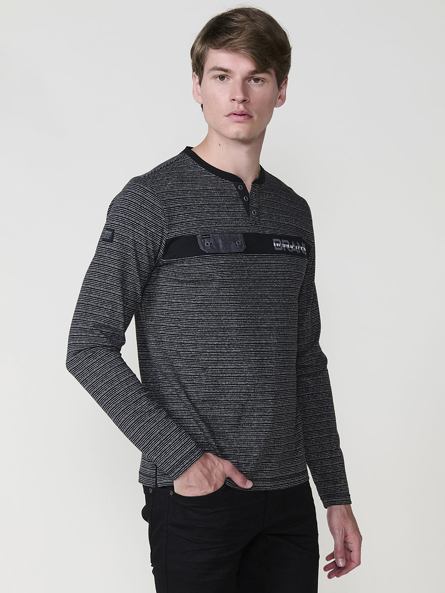 Koroshi - Camiseta hombre manga larga estampada de algodón 100 % con cuello redondo y abertura, estilo henley negro
