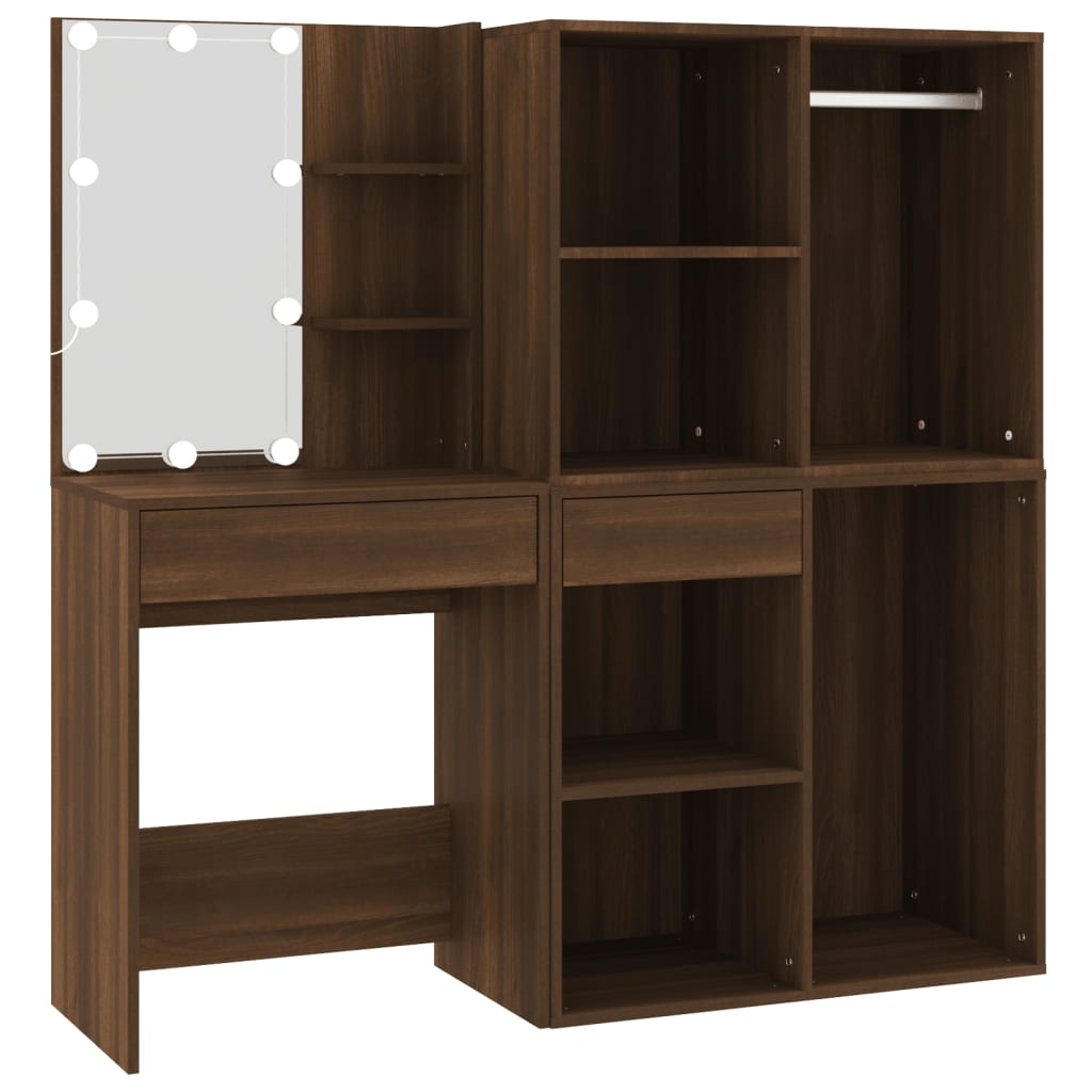 vidaXL Tocador con LED y armario madera contrachapada marrón roble