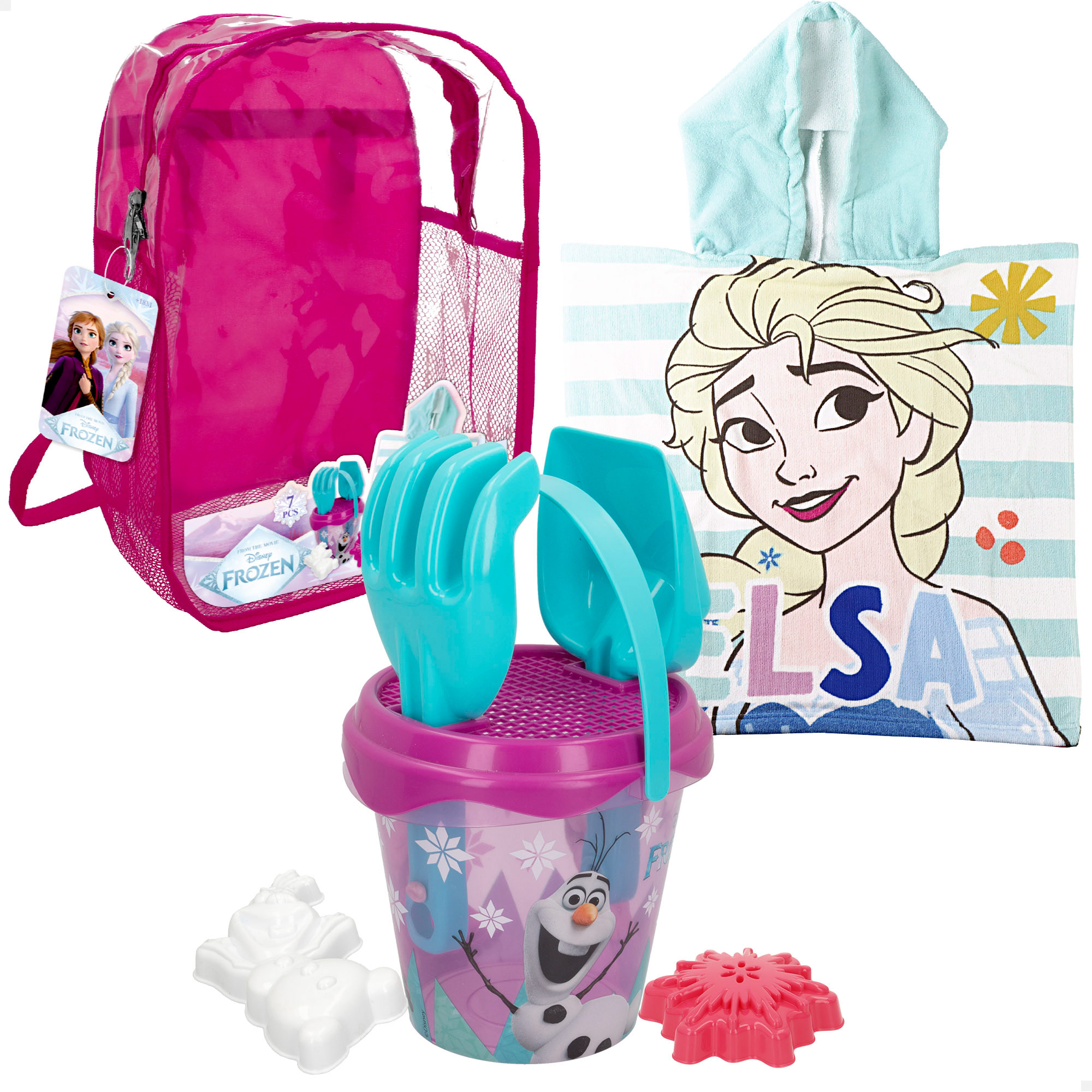 Frozen - Set de playa infantil, cubo de playa con pala y rastrillo, poncho infantil Frozen, juguete de playa, a partir de 18 meses, moldes de arena