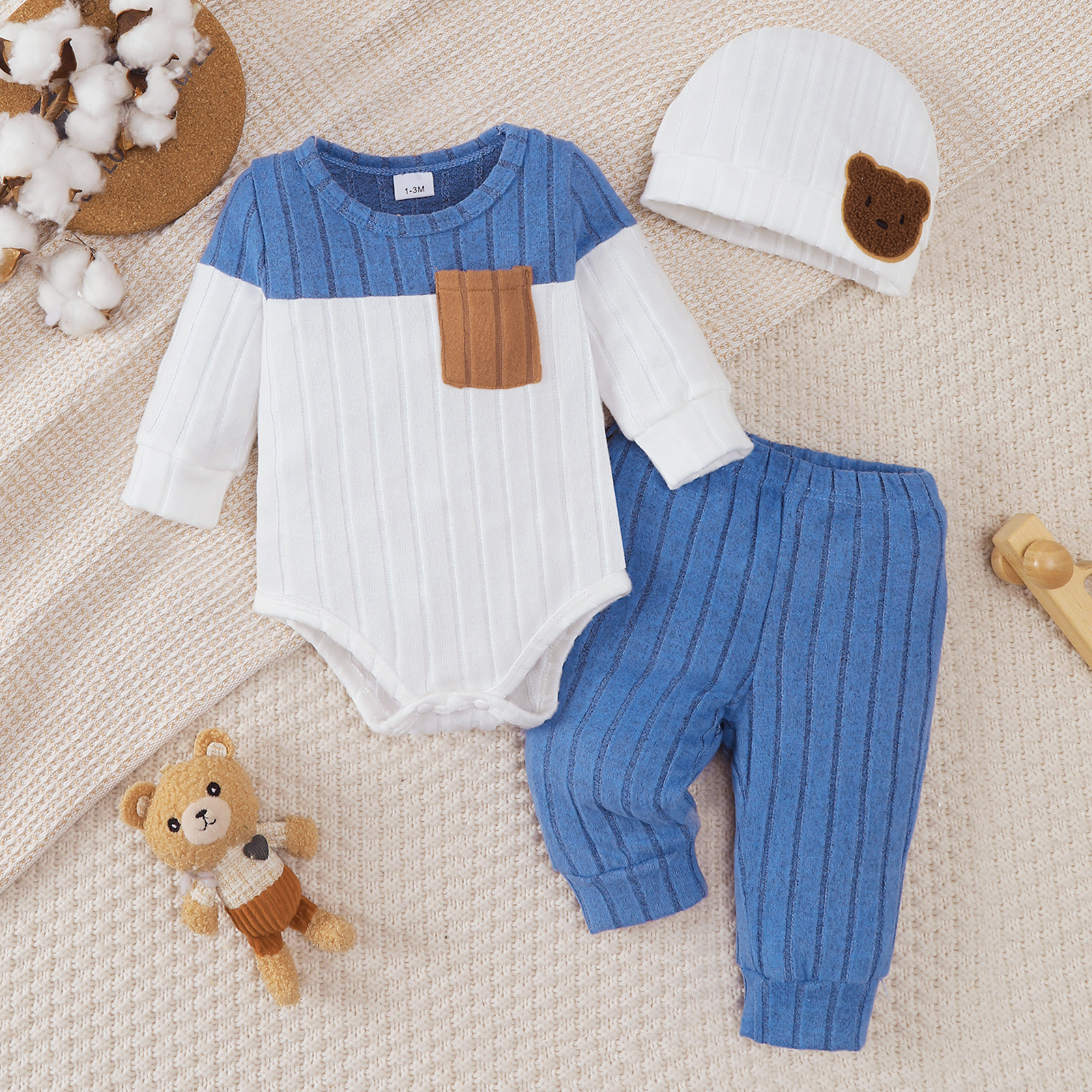 TK Conjunto De Bebé Niño 3Pcs Color Bloqueado Camiseta De Manga Larga + Pantalones + Gorro Lindo 0-18 Meses Primavera Otoño