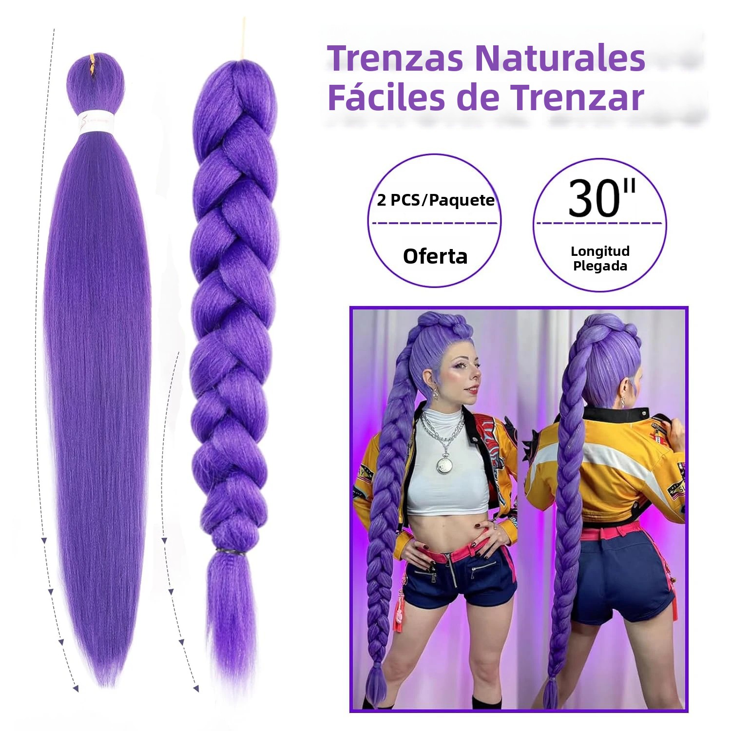 TK Extensiones De Cabello Sintético Tejido De Color Morado Pre Estirado Para Escenario Fiesta Disfraz Cosplay De Halloween
