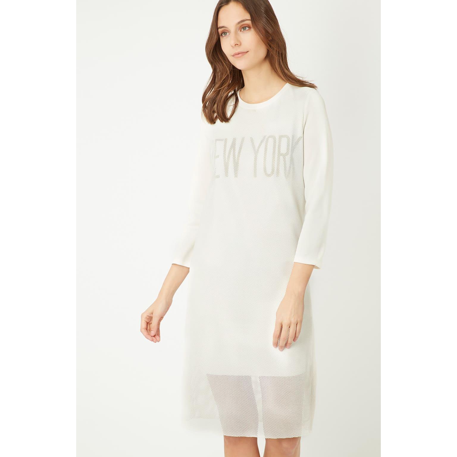 Vestido mujer casual mesh urbano, dress relaxed fit, manga tres cuartos, print New York, tejido ligero, ideal diario, cómodo, sofisticado, color blanco, talla 36 disponible, moderno, versátil ✅Entrega 24/48h