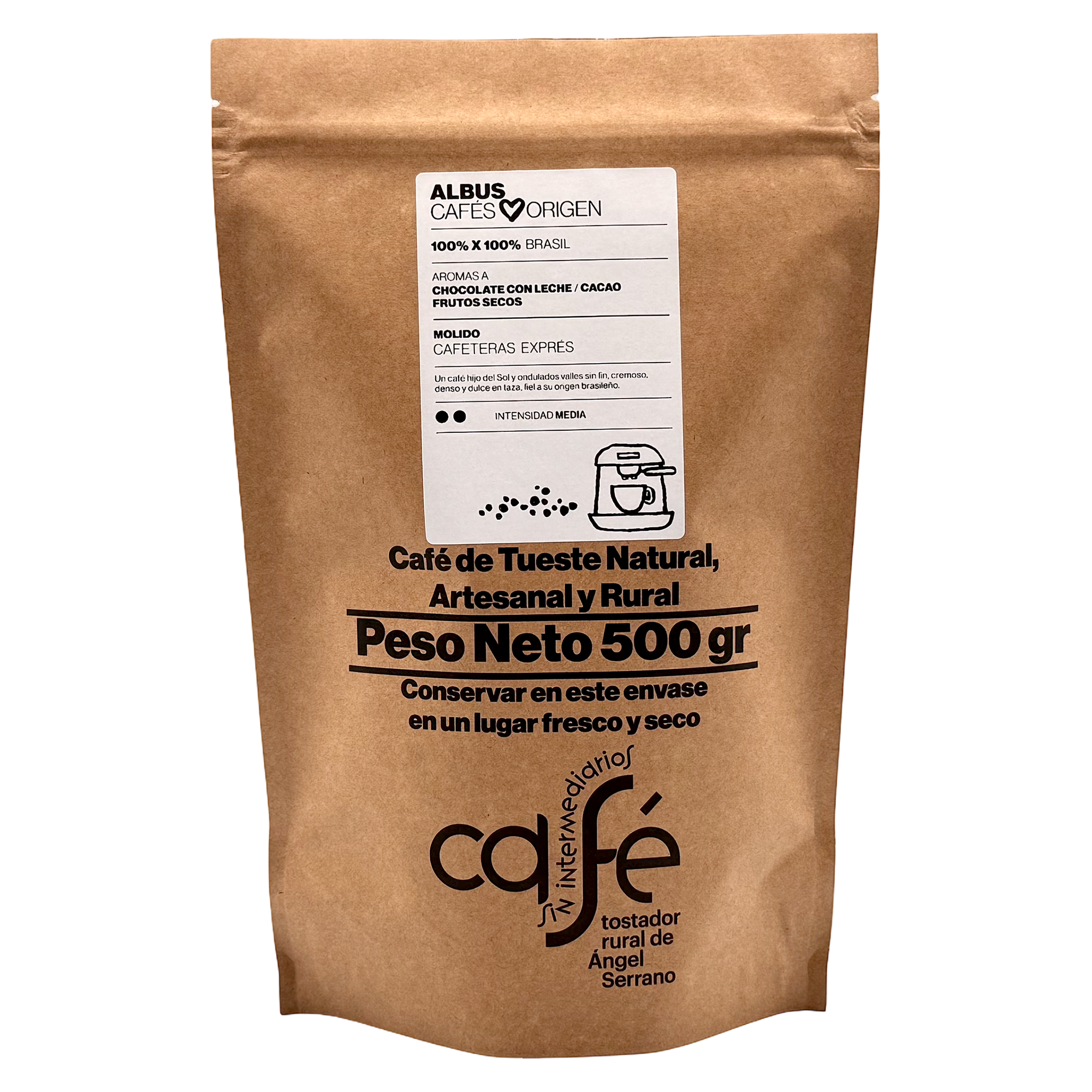 CAFÉ SIN INTERMEDIARIOS - 100% Brasil - Albus - Ideal para tomar solo - Intensidad de sabor Media - Recién tostado y envasado - 500 g Grano o Molido (Exprés, Filtro, Italiana, Americana, Superautomática)