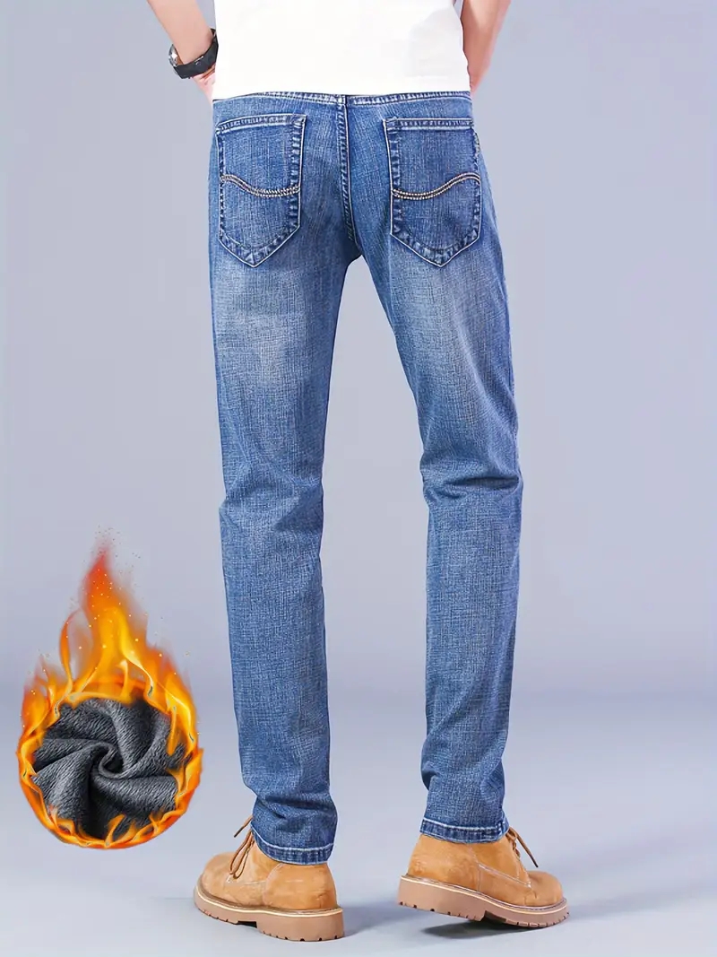 TK Pantalones De Trabajo De Flannel Cálidos De Invierno Para Hombre Jeans Slim Stretch Tejido Suave Cierre De Cremallera Pantalones Casuales De Negocio