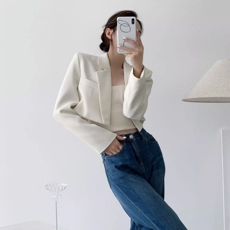 TK Chaqueta Corta Para Mujer En Blanco Sólido Elegante Con Manga Larga Abierta Frontal Casual Oficina Outerwear Poliéster Synthético