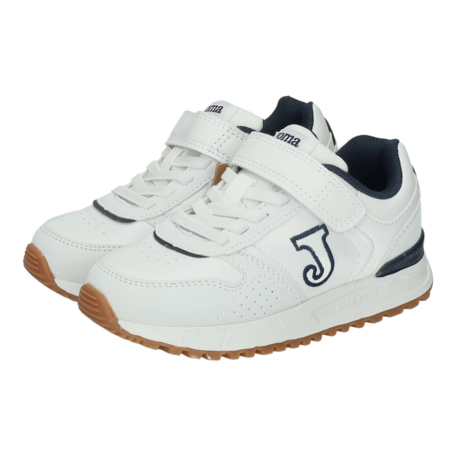 Deportivos marca JOMA para niño en color blanco-azul. Zapatillas deportivas blancas para niño Joma con cinta textil adhesiva y suela de goma antideslizante
