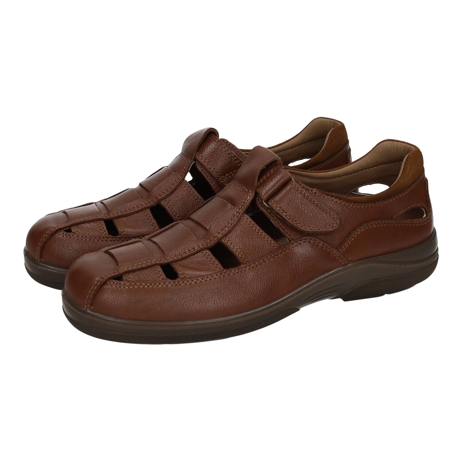 Sandalias marca LUISETTI para hombre en color coñac. Zapato abierto tipo romano cerrado en piel marrón, cierre cinta textil adhesiva, suela PU ultraligera