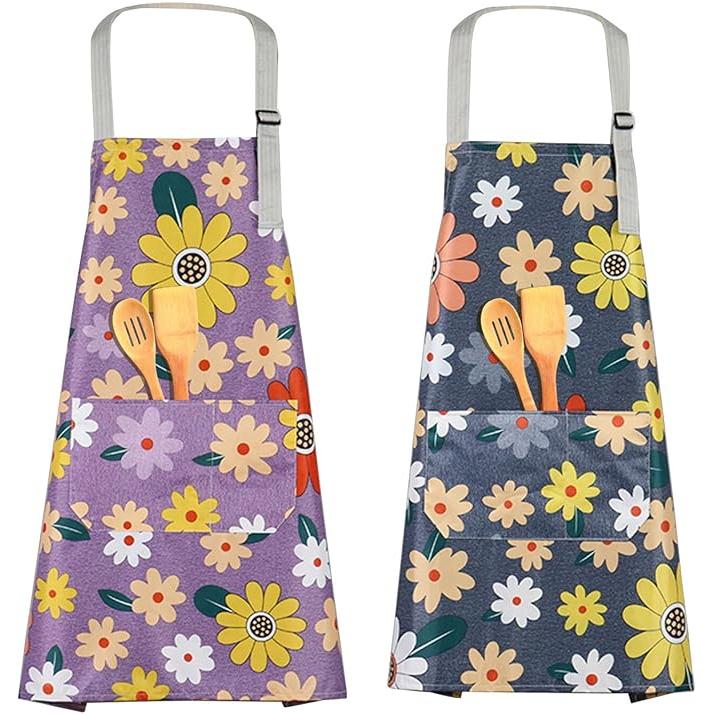 TK Delantal Cocina Mujer, 2 Piezas Mandiles de Cocina Impermeables y Repelentes Al Aceite y La Suciedad Para Mujeres, Ajustables with Grandes Bolsillos, Sin Olor, Sin Formación de Bolitas, Precioso