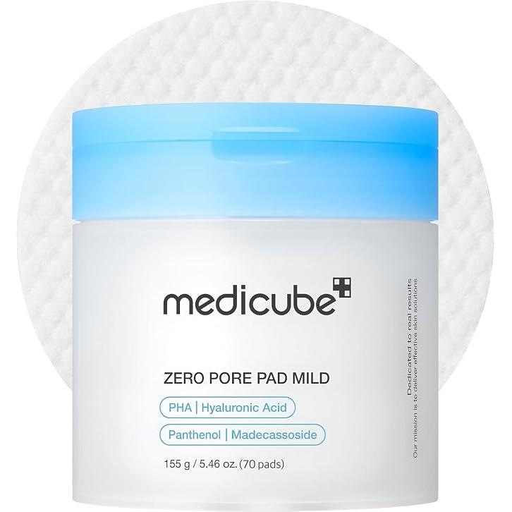 medicube Zero Pore Pad Mild 2.0 | Almohadillas Exfoliantes con PHA, Centella y Ácido Hialurónico | Reduce Poros, Puntos Negros y Sebo | Doble Textura | Piel Sensible | Cosmética Coreana | 70 uds