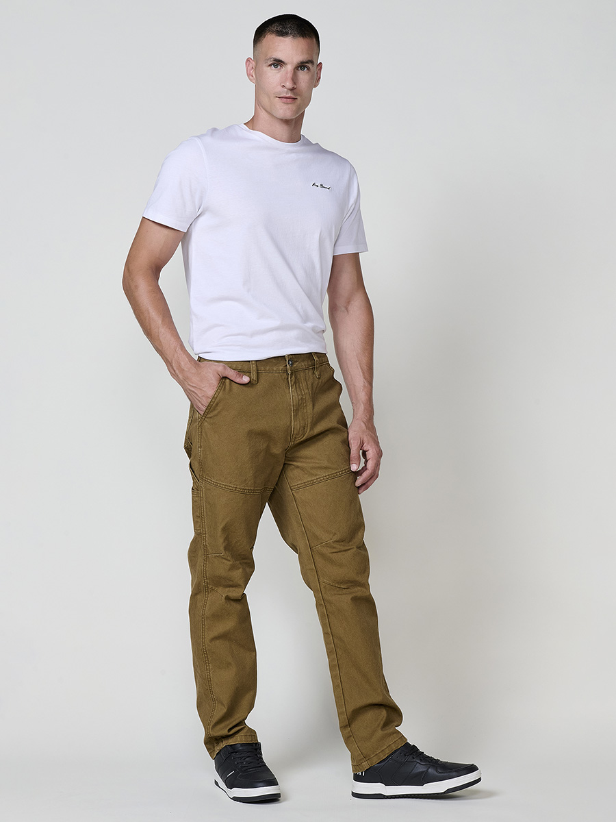 Koroshi - Pantalón cargo para hombre 100 % algodón con bolsillos laterales funcionales, corte recto largo y cierre de cremallera y botón, color verde o tostado