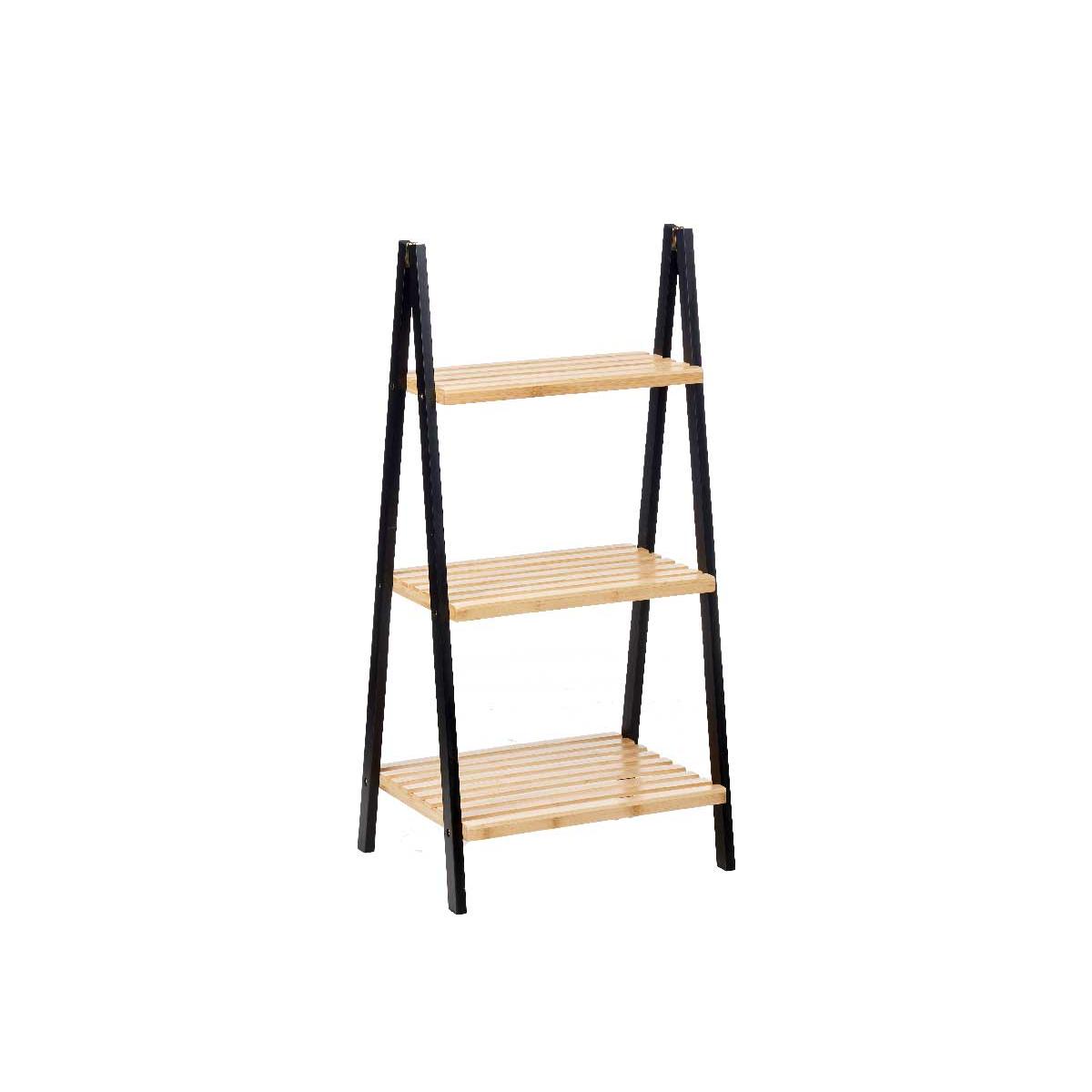 Estante Escalera de Bambú y Madera de Pino, 3 Niveles, Color Negro y Natural, Diseño Moderno para Recibidor