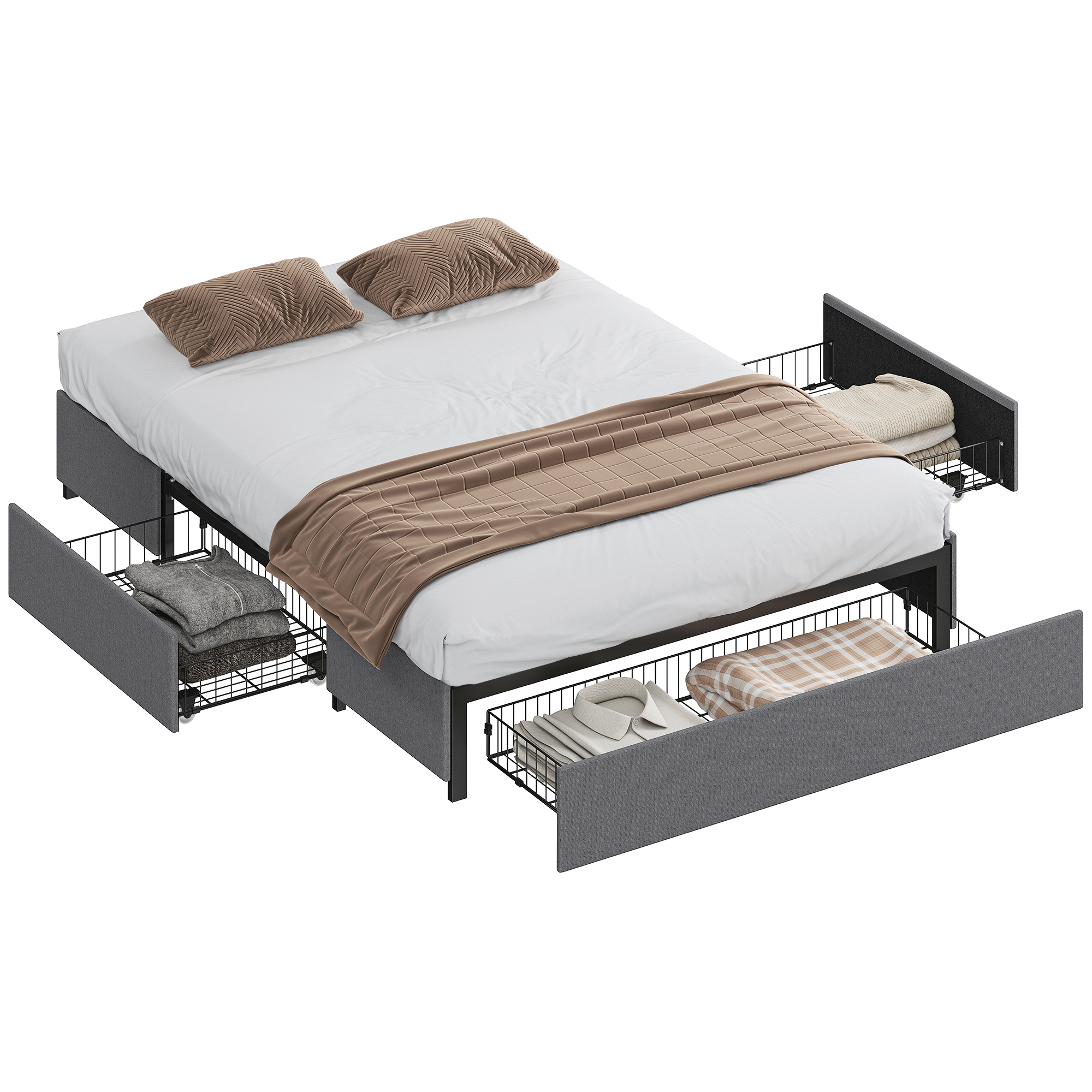HOMCOM Cama Doble 140x190 cm Estructura de Cama Somier con 3 Cajones y Estructura de Acero Carga 363 kg Gris