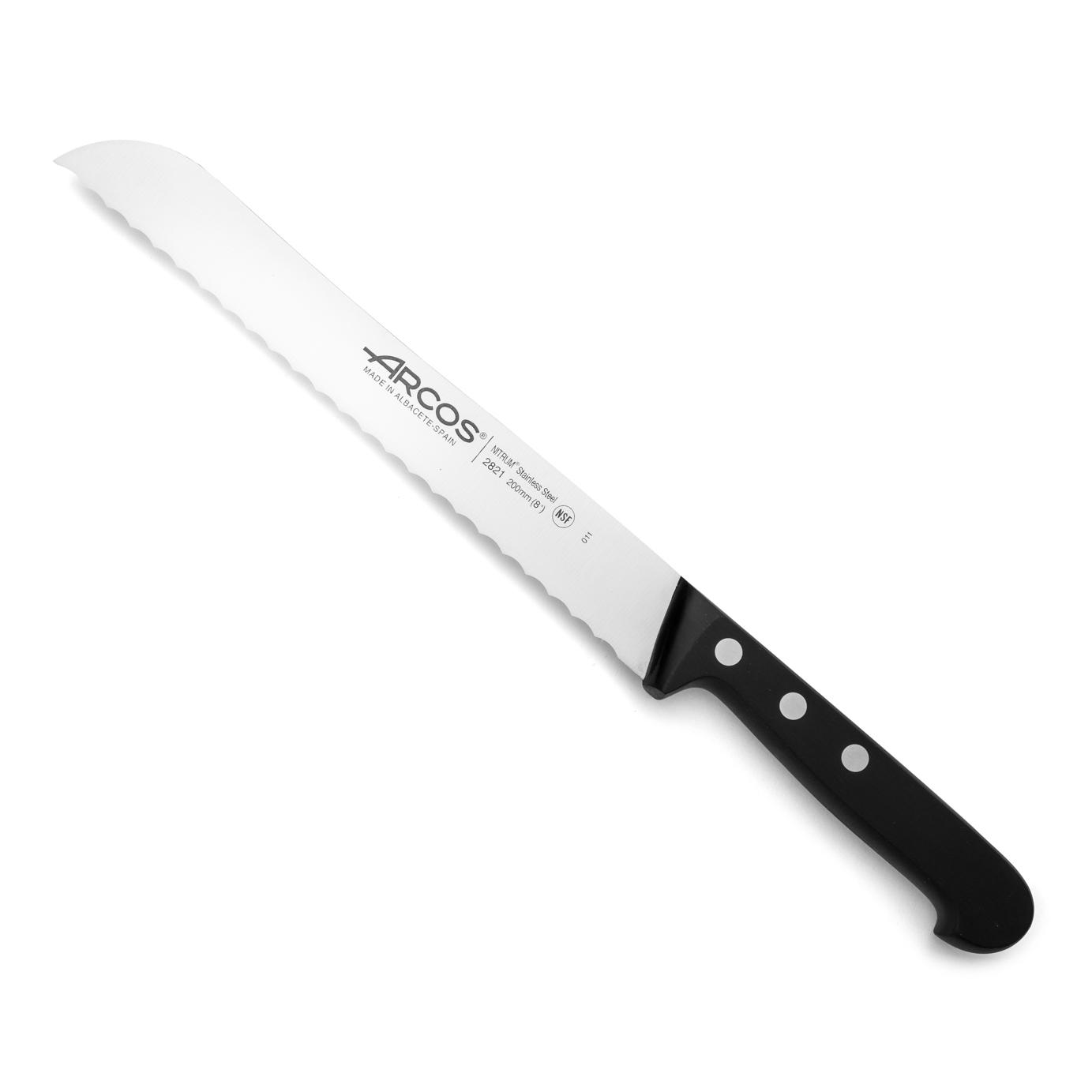 Arcos Cuchillo Panero con Hoja de Acero Inoxidable Nitrum 200 mm. Cuchillo Pan ideal para uso doméstico diario. Obtenga una gran variedad cortes parau comida. Serie Universal. Color negro.