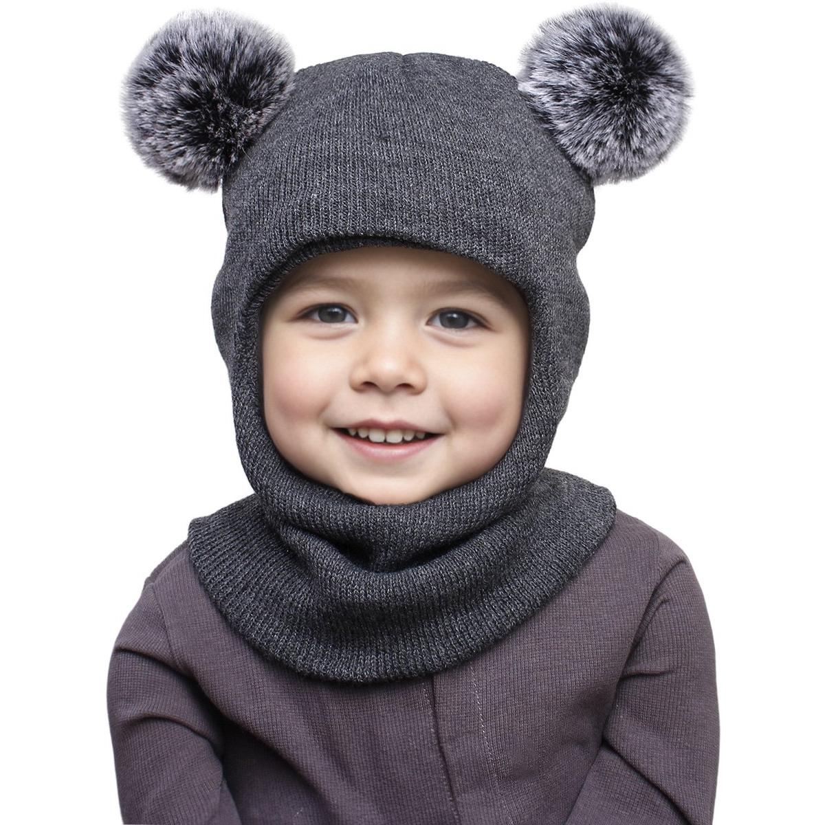 Babymeisje Jongen Bivakmuts Muts Sjaal Winter Warme oorbeschermers Gebreide mutsen Zachte capuchon met dubbele pompom voor peuterkind Meisjes Jongens 2-10 jaar, donkergrijs