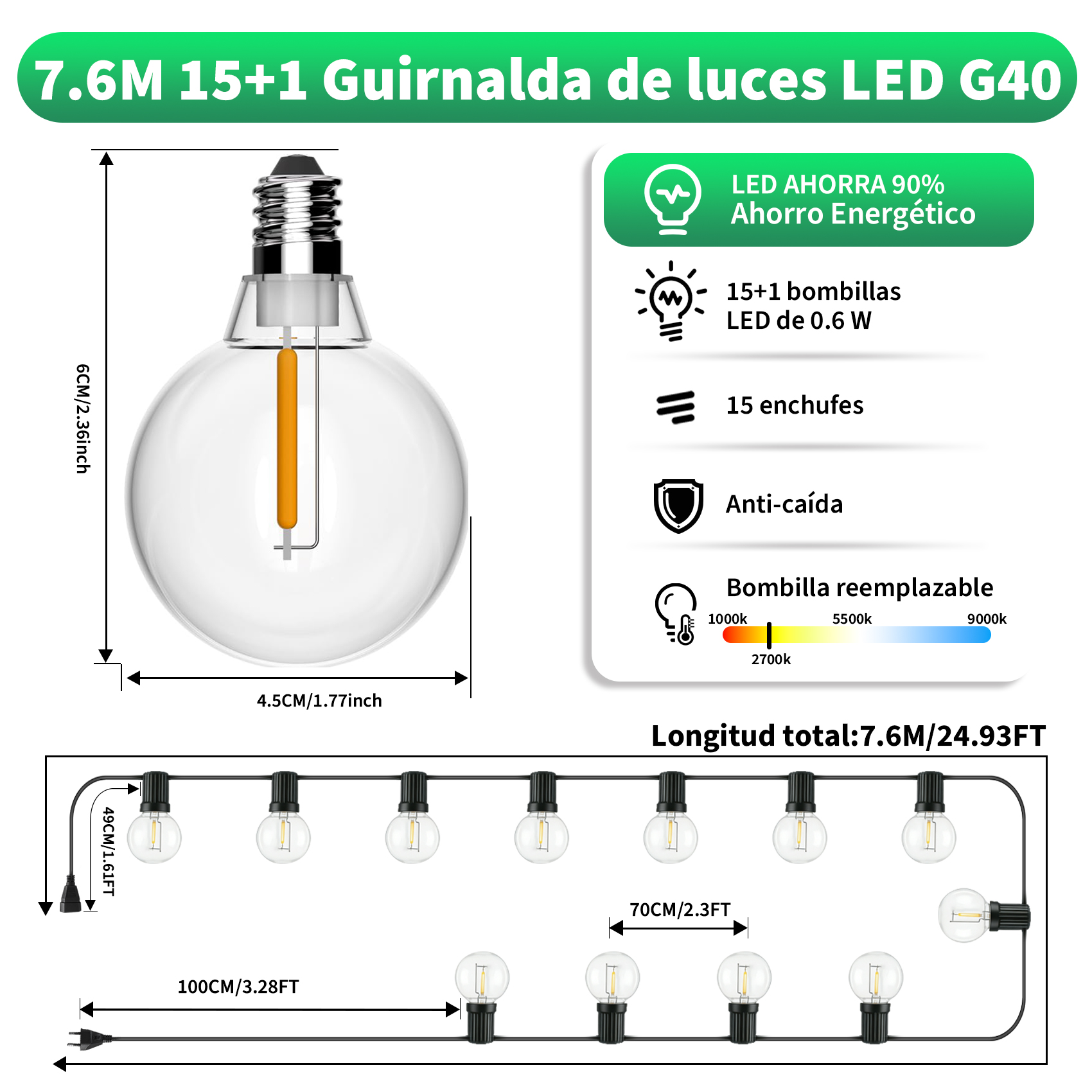 Guirnalda de Luces LED G40 Exterior, Guirnalda Bombillas Irrompibles de Plástico, Impermeable IP44 para Jardín, Terraza, Patio, Bodas y Fiestas, Blanco Cálido 2700K, Conectables [3M-30M Multi-Tamaño]