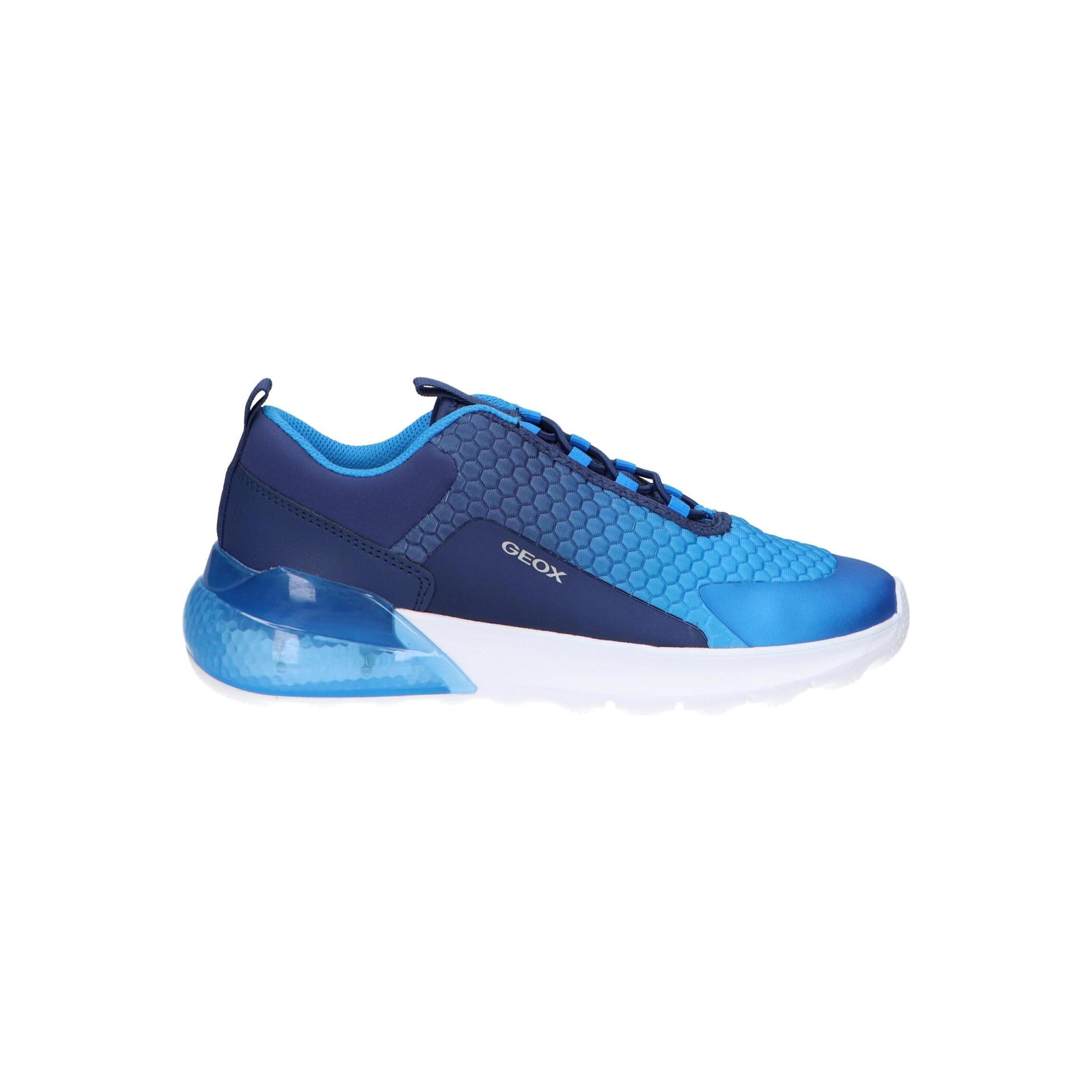 Geox boys' casual sneakers in blue, lightweight canvas with textile lining, adjustable drawstring, closed toe, all-season footwear perfect for comfort and style. Ideal casual sneakers for boys seeking durable and stylish options.