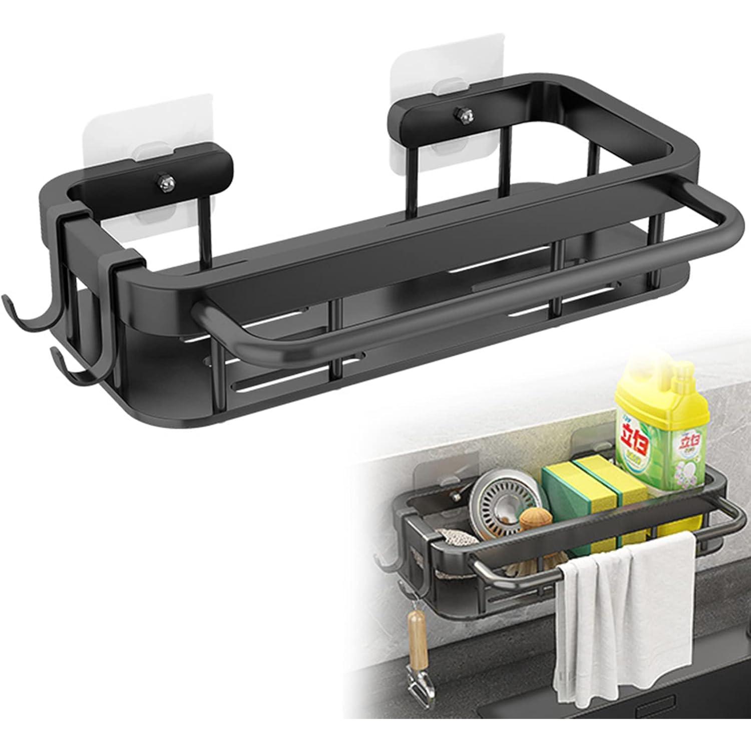 TK Organizador multicuonal para fregadero de Cocina, organizador extraible para fregadero de Cocina, Carro para fregadero de comparación con toallero y Ganchos (Negro)