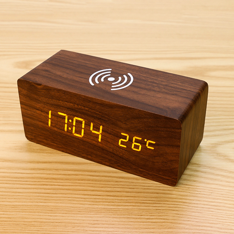 OmHo Reloj de Alarma digital with Cargador inalámbrico Pantalla de temp de Reloj de Alarma de escritorio LED, Negro-Negro