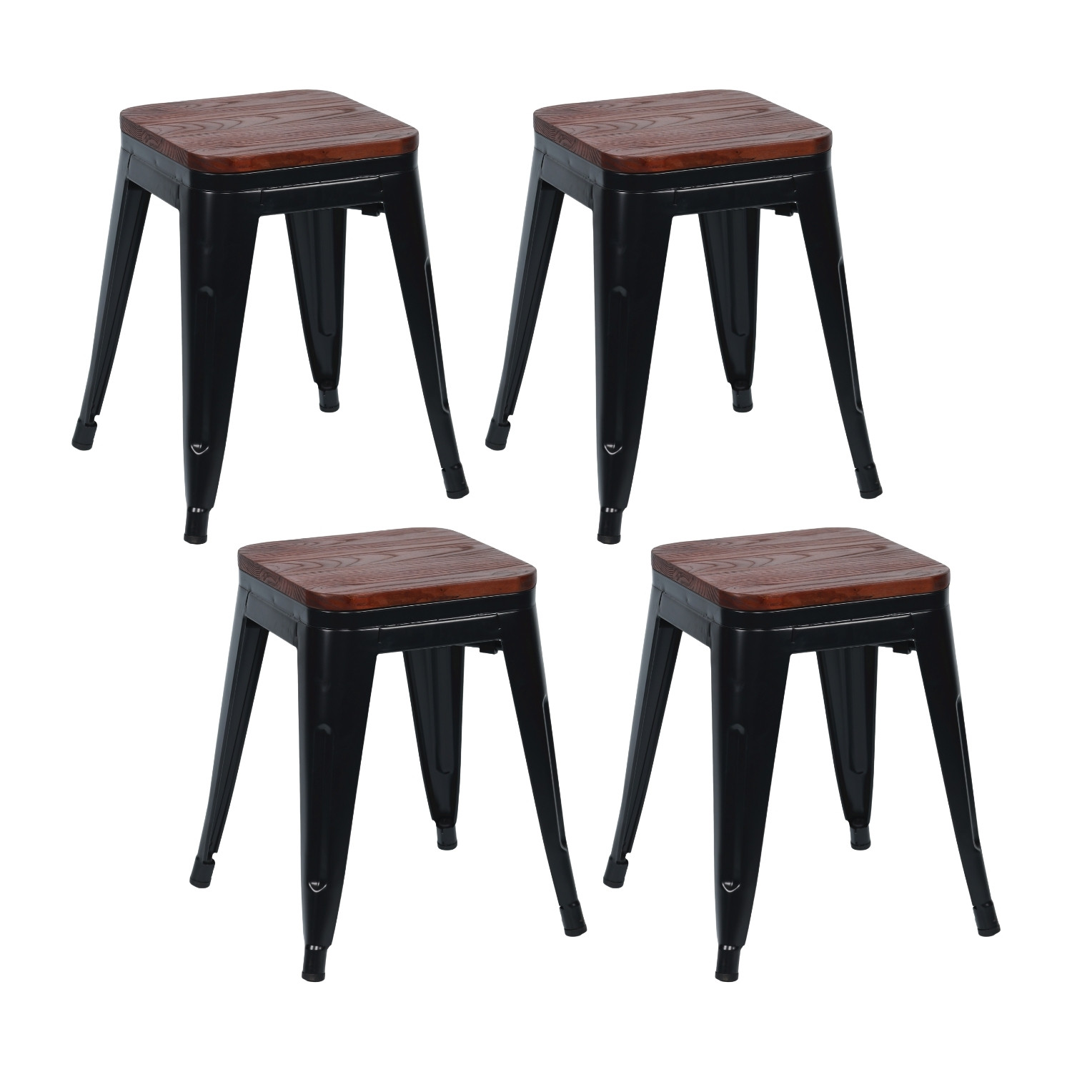 Pack 4 Taburetes Bajos Industriales Apilables de Acero y Madera 38x38x46cm Thinia Home