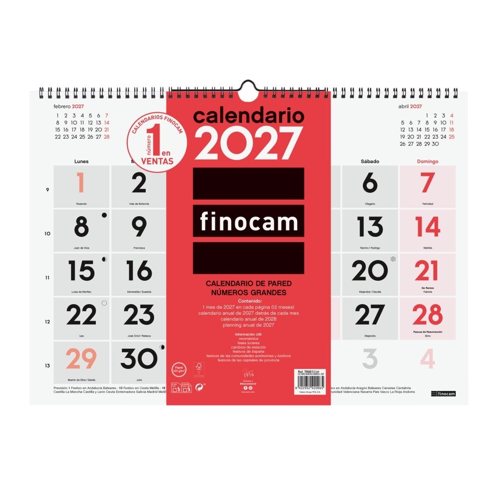 FINOCAM CALENDARIO PARED 2027 NUMEROS GRANDES L CALENDARIO ANUAL