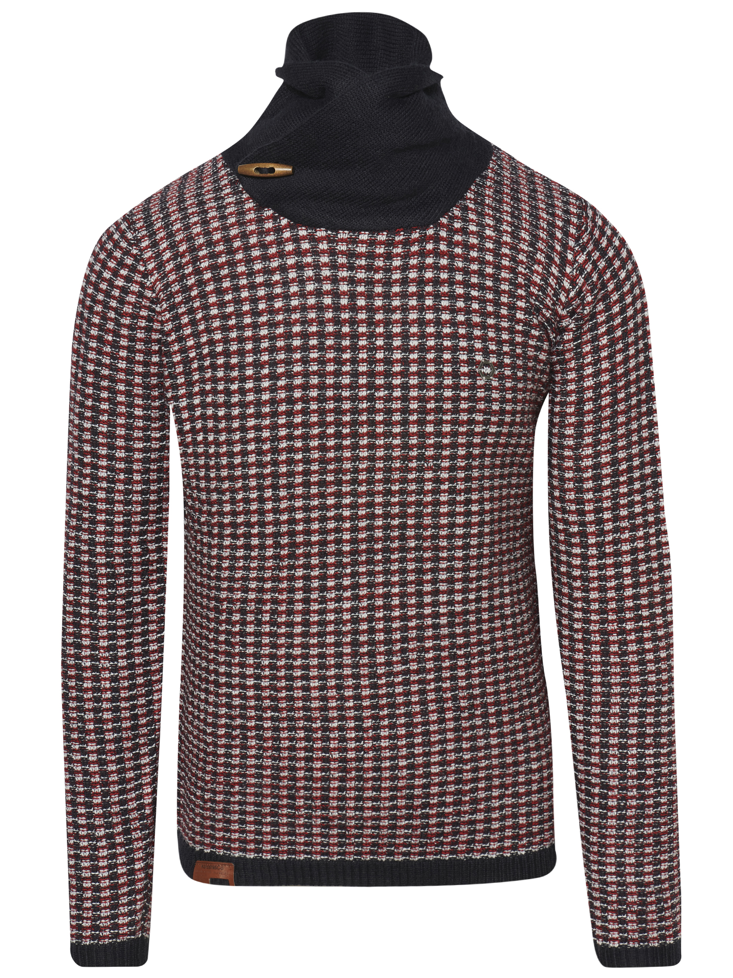 Koroshi - Jersey de punto fantasía para hombre con cuello alto a contraste en azul marino, diseño bicolor rojo y crudo sobre base oscura, 100% acrílico
