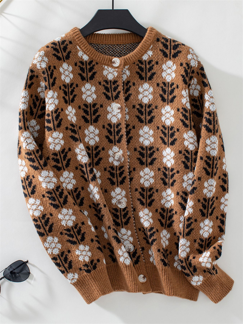 TK Cárdigan con estampado Floral para mujer, suéter de punto de manga larga con cuello redondo y botones, Tops informales holgados a la moda