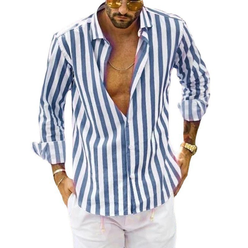 TK Camisa de manga larga con cuello en V a rayas para hombre, blusa informal holgada de talla grande, primavera y verano