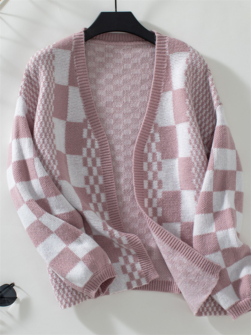 TK Cárdigan de manga larga Puff para mujer, suéteres informales de punto a cuadros, Tops holgados, trajes de otoño e invierno