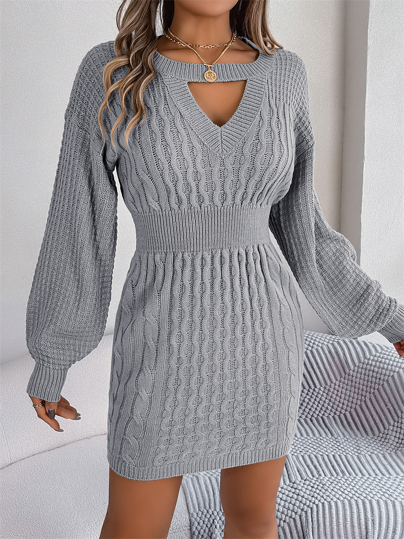 TK Vestido de suéter de punto de manga larga para mujer, vestido de suéter ajustado ahuecado elegante, Otoño e Invierno