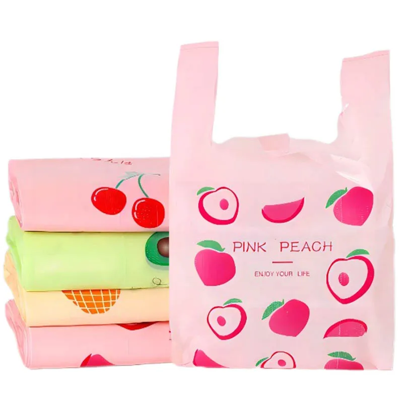 TK Bolsa de plástico con dibujos animados para embalaje de alimentos, bolsas portátiles con asa para compras de supermercado, organizadores de almacenamiento de cocina, 50 piezas