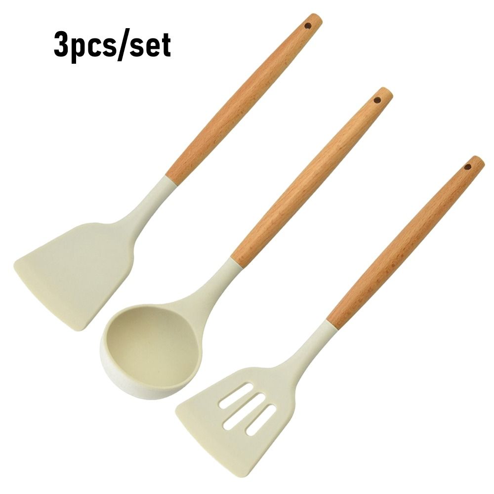 CA Cuchara de silicona antiadherente, utensilios de cocina resistentes al calor, espátula giratoria, sardén para panqueques, Beige, 3 Unidades por juego