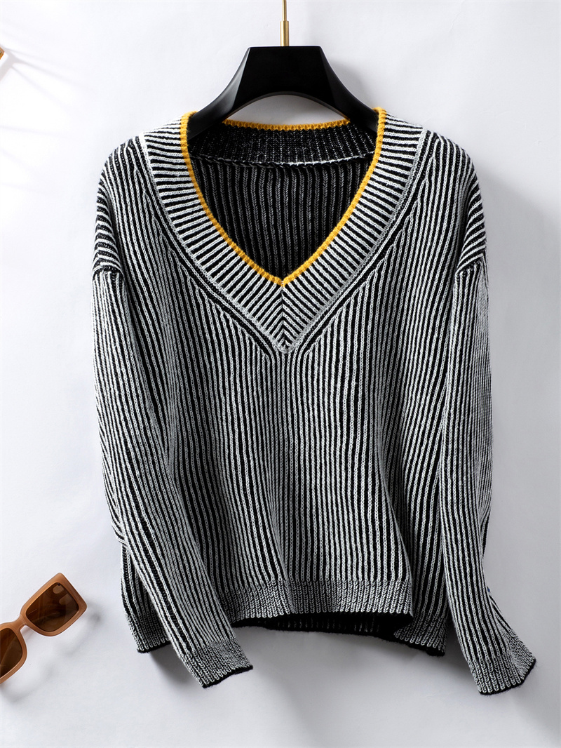TK Suéter de manga larga con cuello en V para mujer, Jersey suelto informal a rayas, blusa de punto, Tops de otoño