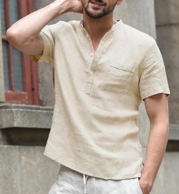TK Blusa de algodón para hombre, camiseta informal de manga corta con cuello Henley, talla grande, negro, blanco, gris, vino, rojo, beige