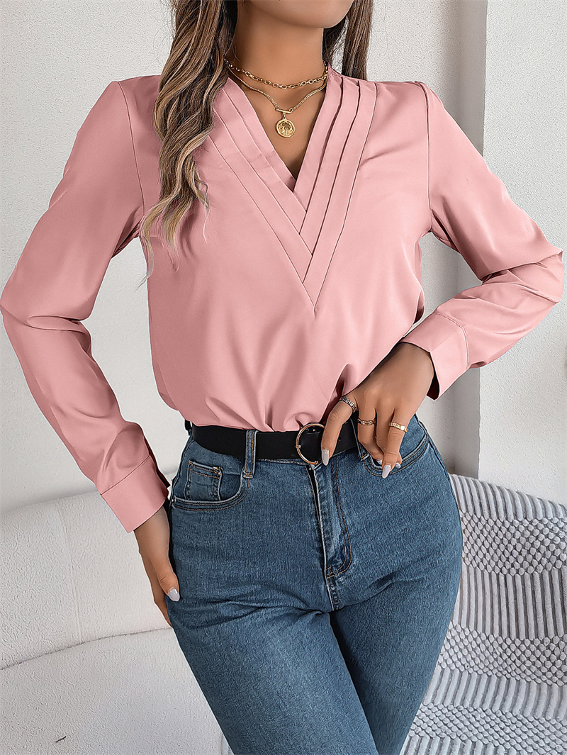 TK Blusa blanca ajustada de manga larga para mujer, Jersey elegante con cuello en V, Color sólido, para oficina, otoño e invierno, 2024