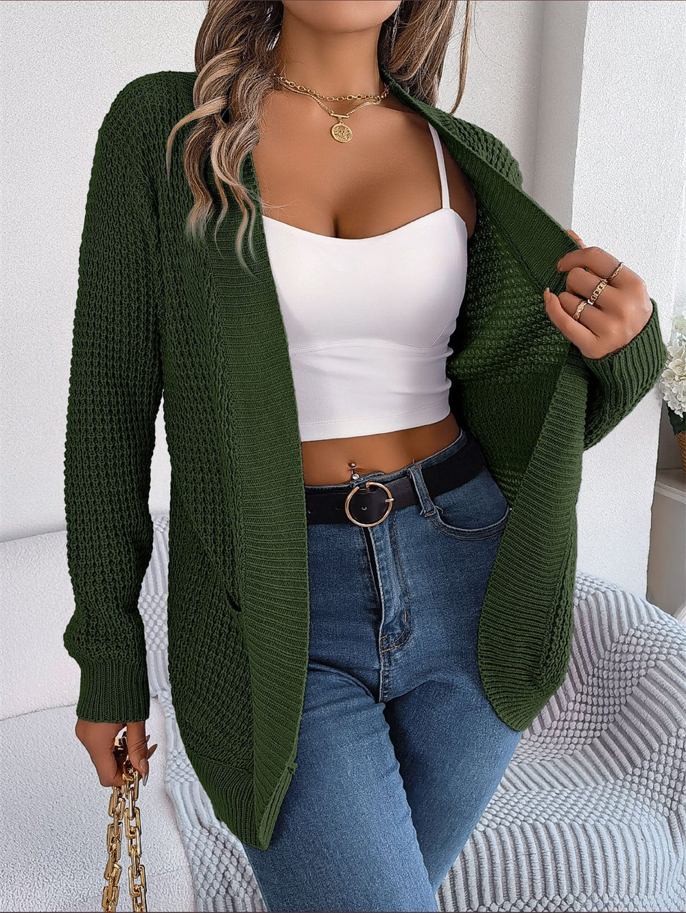 TK Otoño Invierno suéter de punto cárdigan manga larga moda versátil bolsillo ahueca hacia fuera la camisa de las mujeres