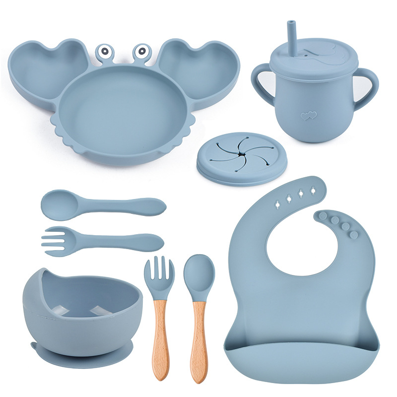 Juego de vajilla antideslizante para bebé, cuenco de silicona suave, plato, cuchara, tenedor, babero, juego de tazas, platos de alimentación para niños pequeños, 8 unids/set