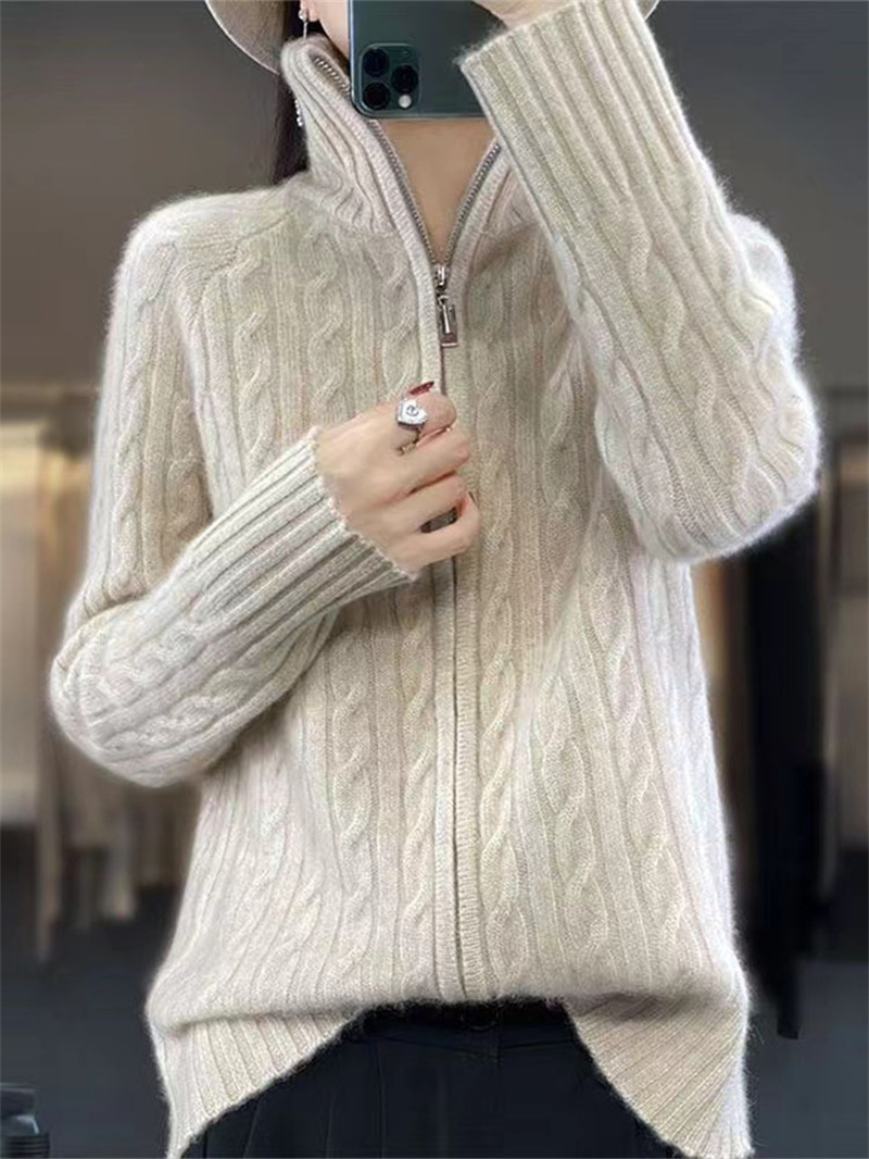 TK Suéter trenzado de lana para mujer, abrigo grueso y cálido con cremallera completa, cárdigans Casuales