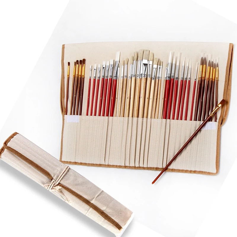 TK Pinceles de Pintura de 38 Piezas con Bolsa de Lona Mango Largo de Madera Sintética Cabezales para Acrílico Aceite Acuarela