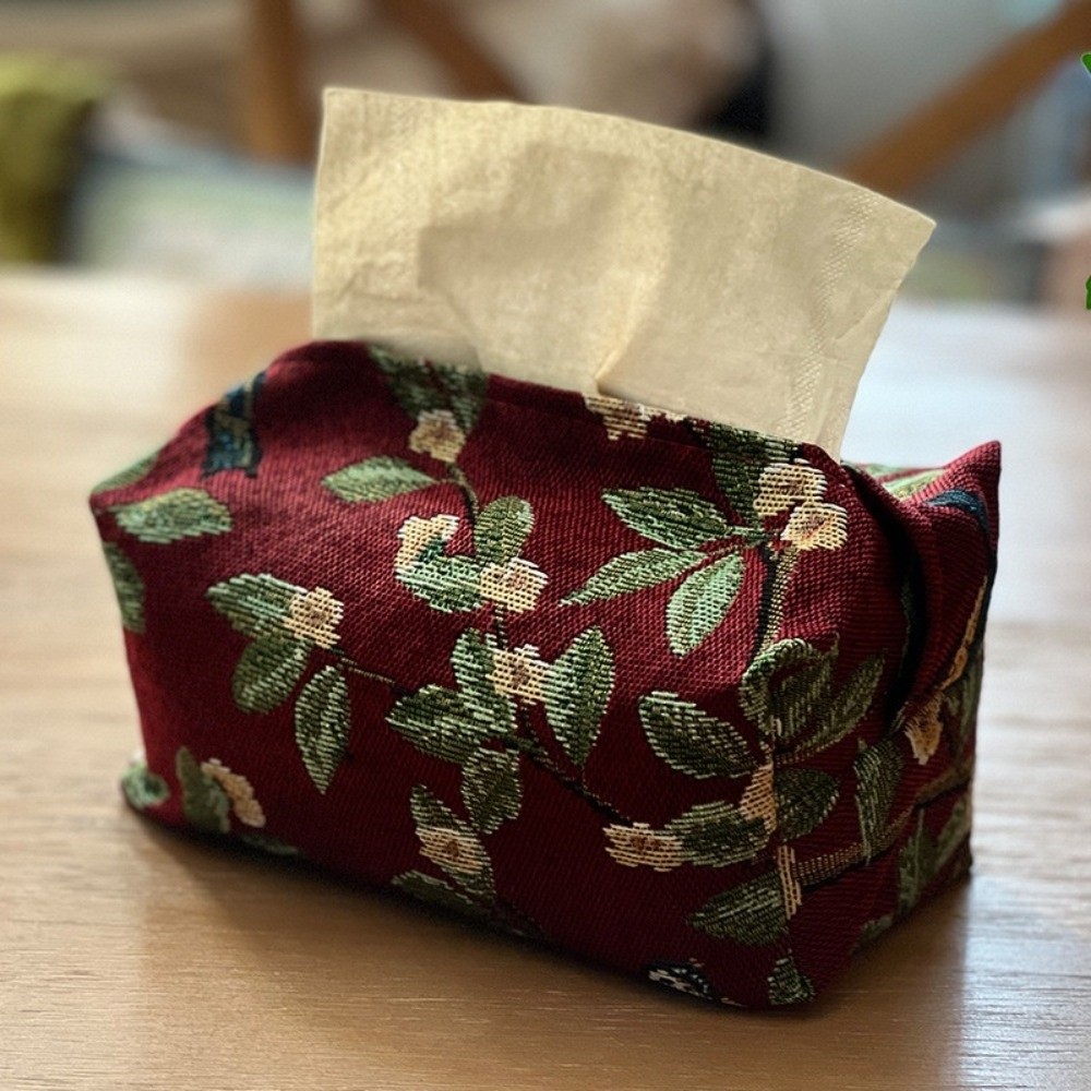TK Caja de pañuelos plegable con diseño floral retro, caja de almacenamiento de pañuelos de jacquard, portapañuelos de poliéster para el hogar