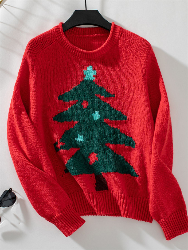 TK Jersey de punto Harajuku para mujer, suéter de manga larga con estampado de árbol de Navidad, Otoño e Invierno