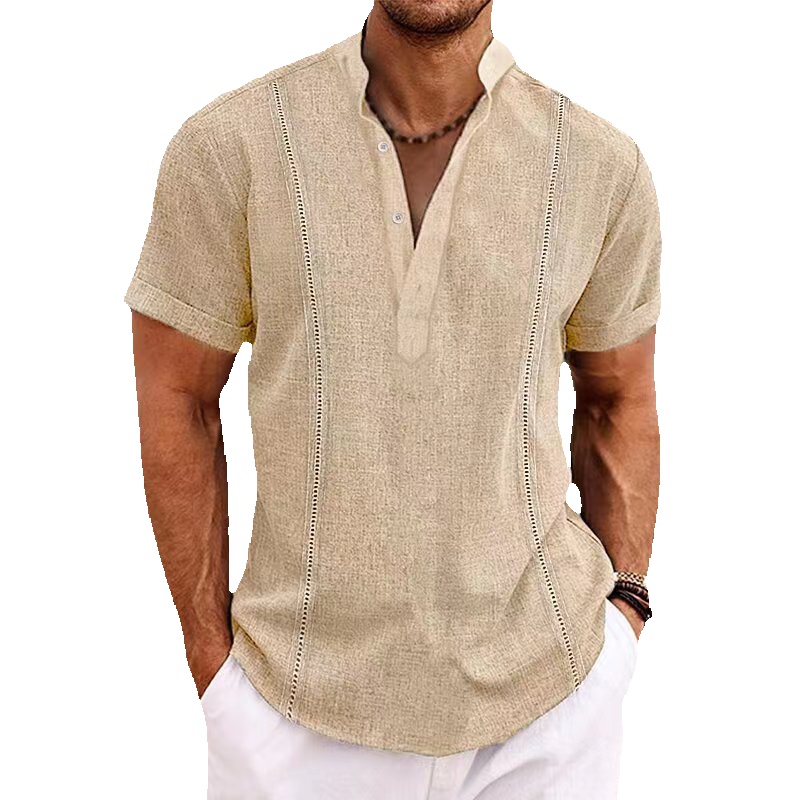 TK Blusa de algodón para hombre, camiseta informal de manga corta con cuello Henley, color caqui, blanco y azul, talla grande 3XL y 2XL