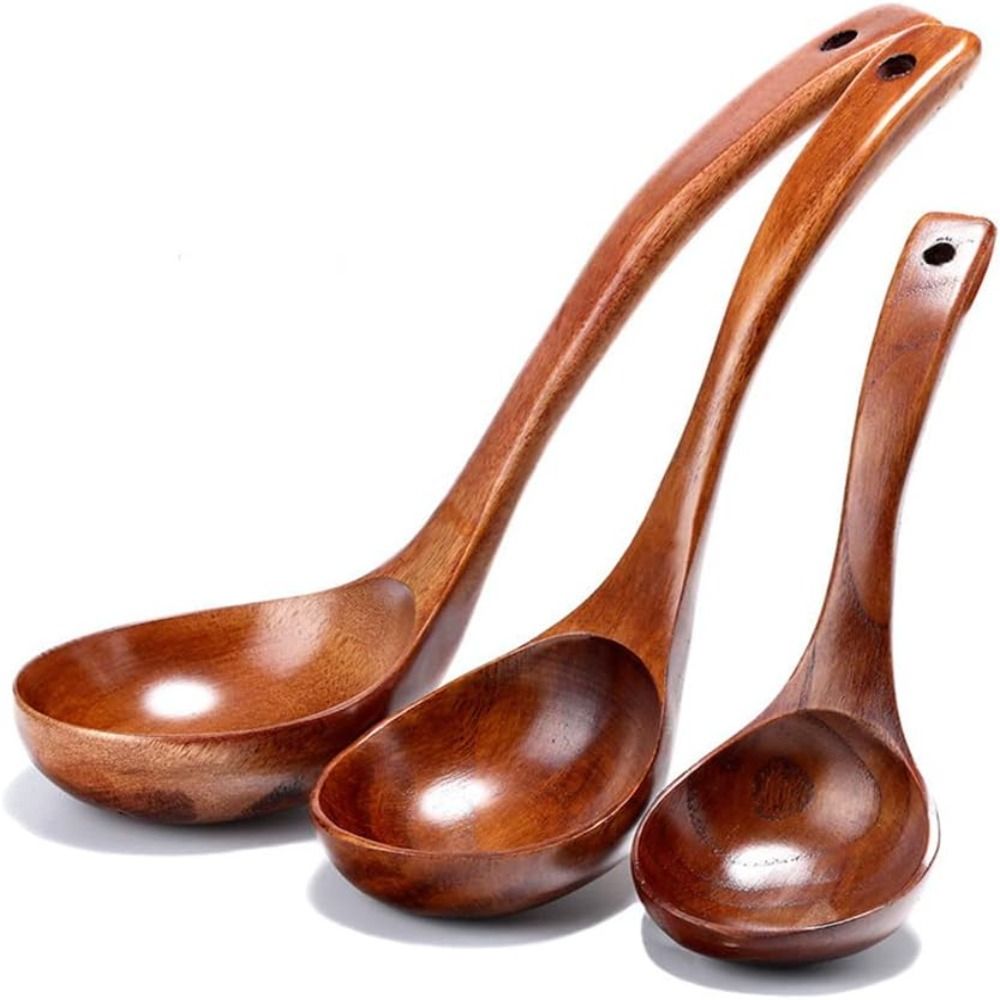 Cucharón de madera de mango largo para sopa, juego de utensilios de cocina de color Natural, cuchara de cocina para el hogar, mango doblado, 1/3 piezas