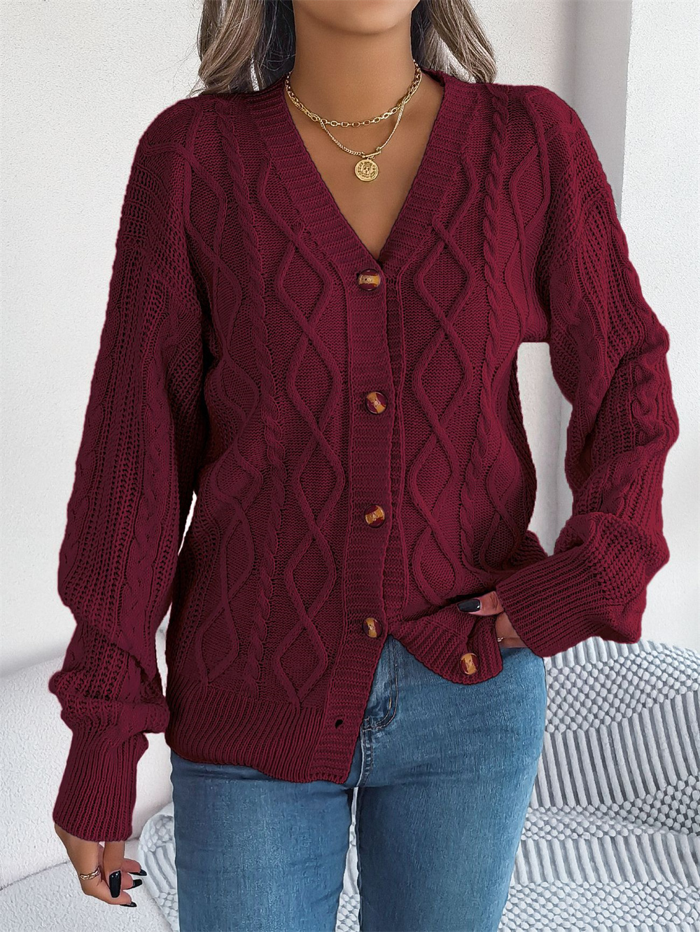 TK Suéteres de otoño para mujer, sueltos, de manga larga, acogedores, de punto acanalado, con cuello en V
