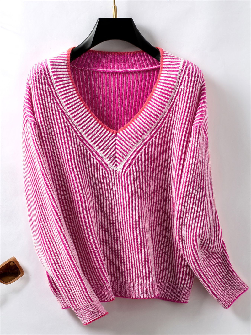 TK Suéter de manga larga con cuello en V para mujer, Jersey suelto informal a rayas, blusa de punto, Tops de otoño
