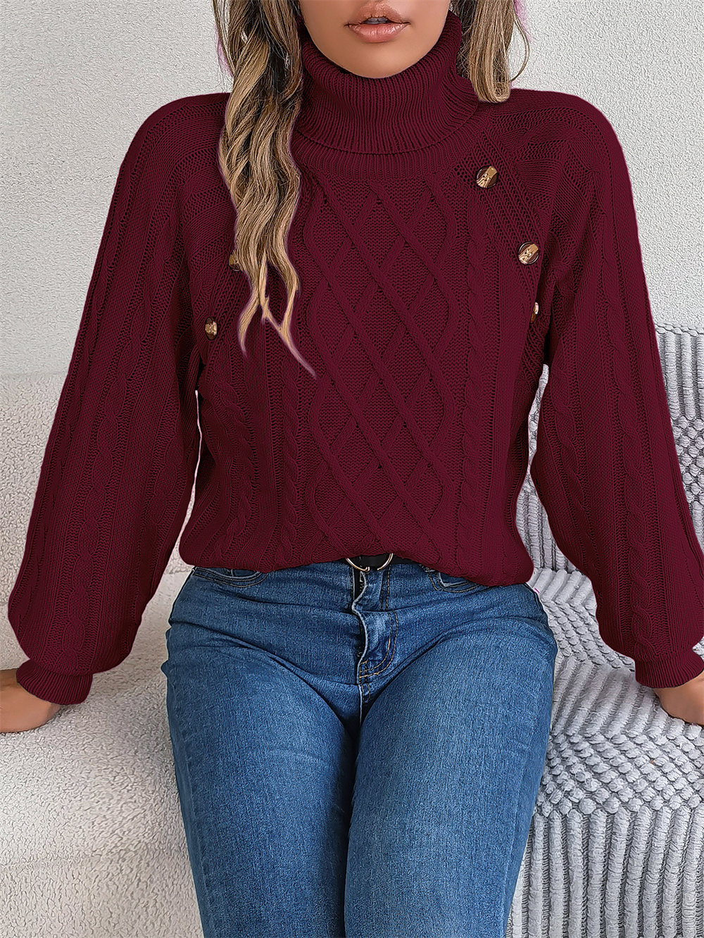 TK Suéteres de punto grueso con botones y cuello alto, jersey de manga larga de linterna, Tops sólidos, moda