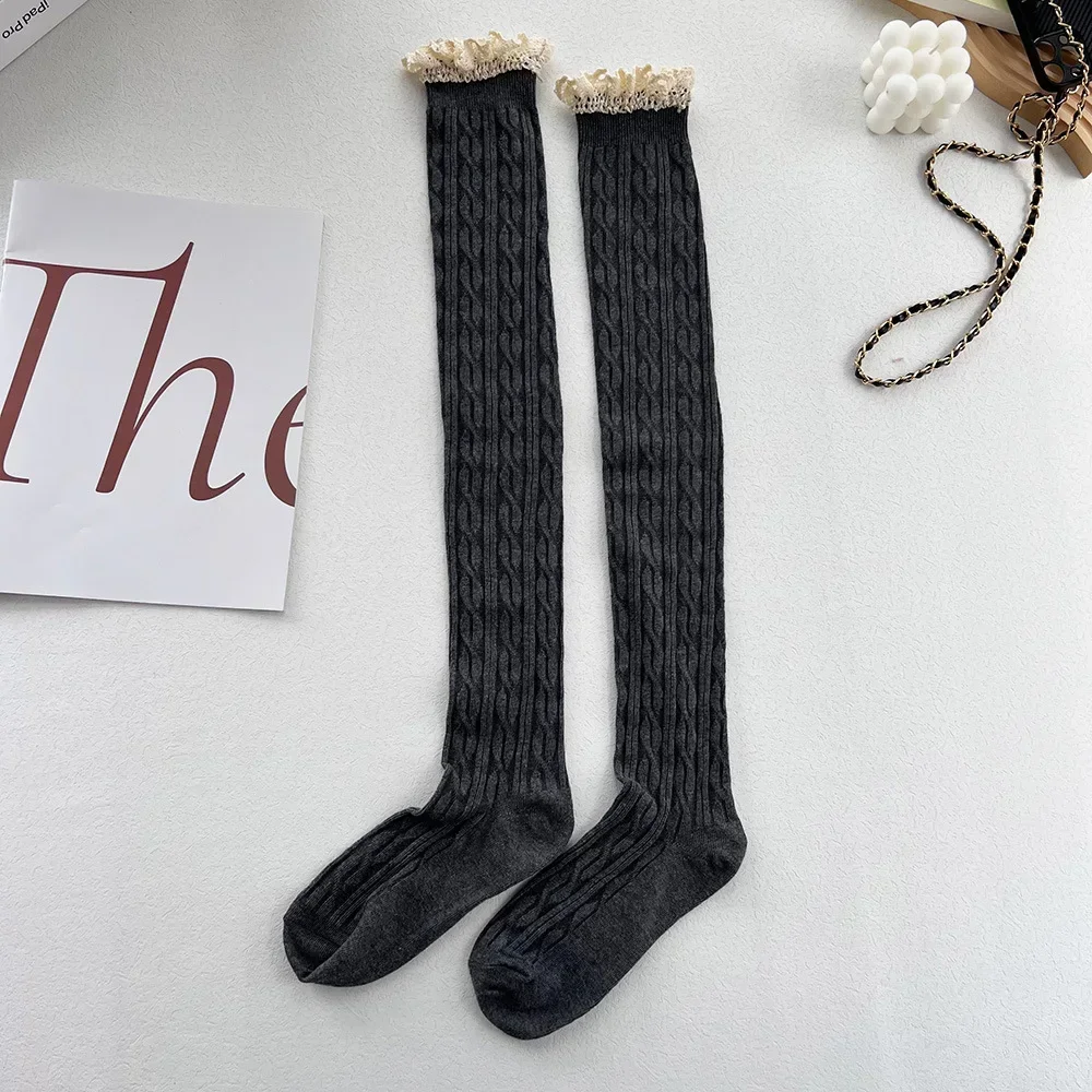 CA Calcetines de Encaje Lolita Calentitos Zurdones de Invierno para Mujeres en Color Sólido